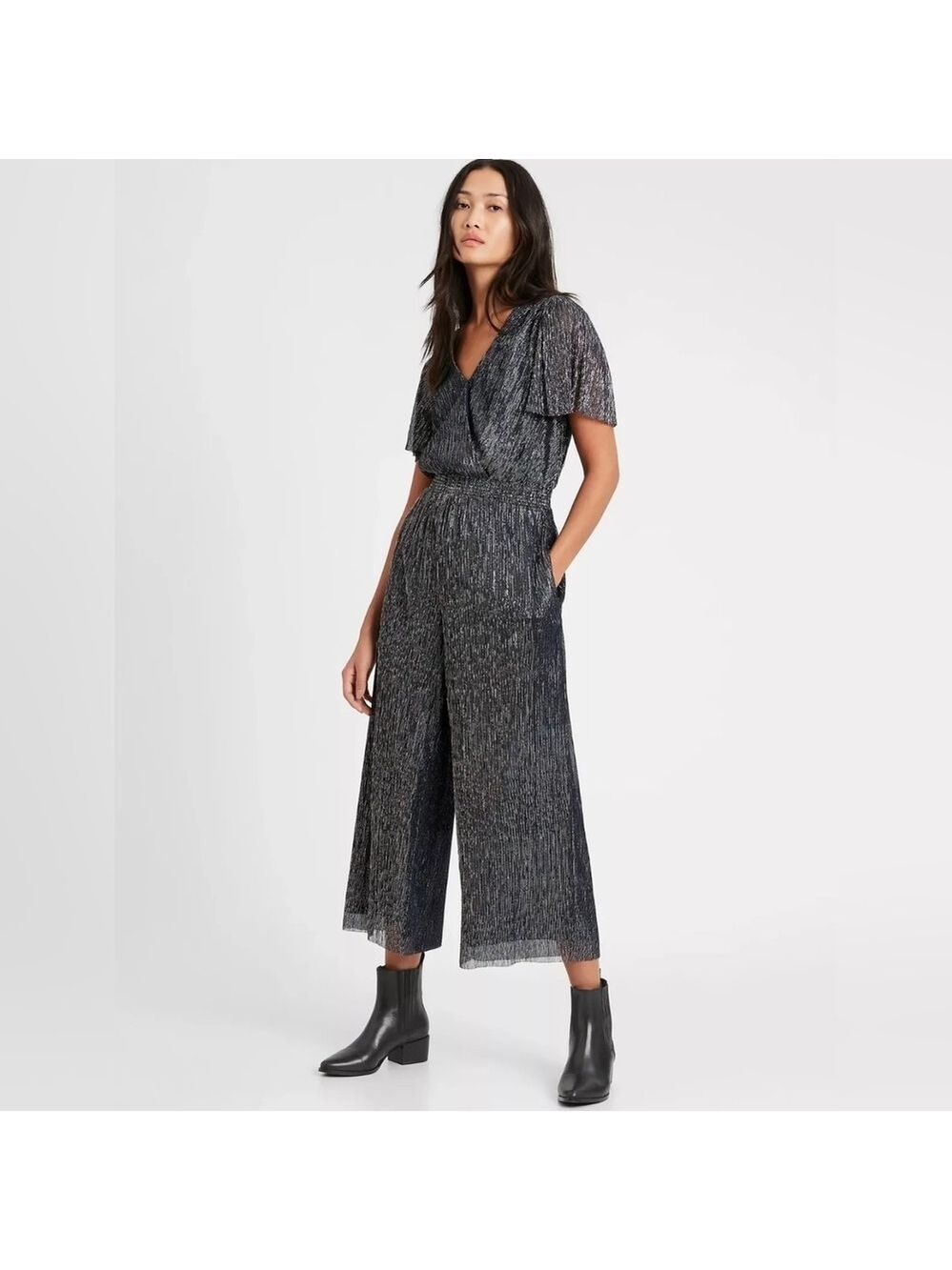 HP. Banana Republic Metallic Cropped Jumpsuit, Gunmetal Gray